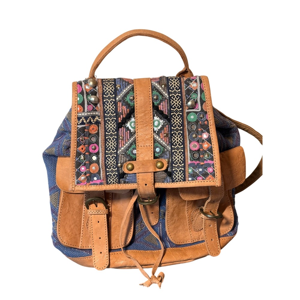 Free People Backpack Women OS Blue Good Boho Leather Embroidered Mirror Studded